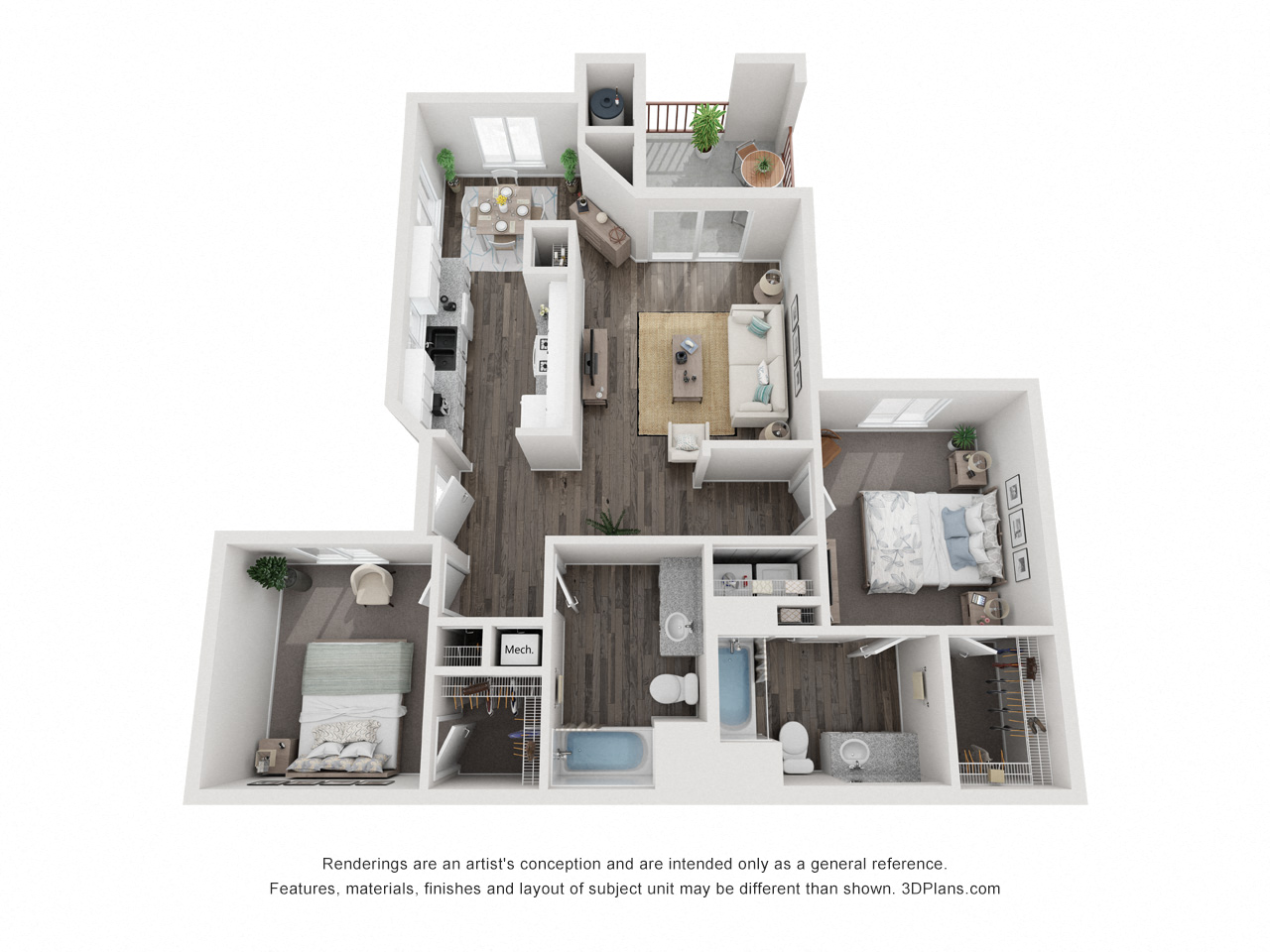 Floor plan for 2 beds, 2 baths, 1056 sqft